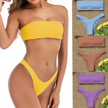 Bandeau Solid Color To Stykker Stropløs Høj Klippe Kvinder, badetøj, Bikini Sæt for Vand Aktivitet bikini 2021 kvinde купальник