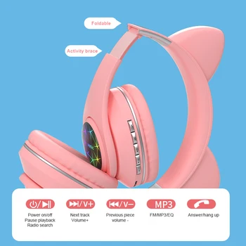 Bluetooth-Hovedtelefoner, Trådløse Kat Søde Ear Hovedtelefoner Sammenklappelig Headset Støtte TF Kort/FM-Radio/Bluetooth, AUX Stereo Headset