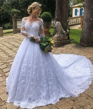 Fashion Land med Lange Ærmer brudekjoler 2021 robe de mariee Applique Lace Wedding Kjoler skræddersyet Sommeren Bruden Kjole