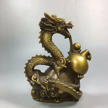 Gamle Kinesiske Collectible Messing Lovende Dragon & Græskar Håndarbejde Vintage Statue