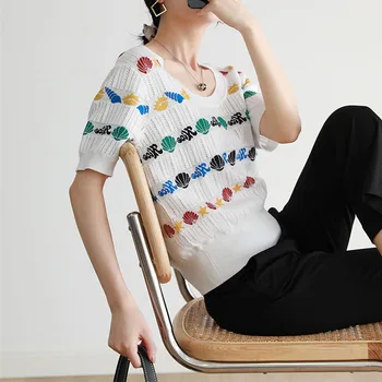 Kvinder Strikkede Pullovers Korte Ærmer Casual Stribet Shell O-Hals Koreansk Mode 2021 Sommer Tøj Sweater Toppe Trække Femme Ropa