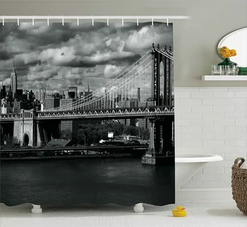 New York badeforhæng Sort og Hvid Panorama af New York City og Manhattan Bridge, Foto, Stof Badeværelse Indretning Sæt Grå