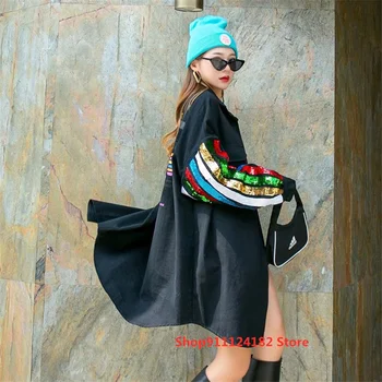 Street Fashion Brand Farve Sequined Langærmet Cardigan Jakke Kvinder 2021 Spring Nye Løs Mode Mid-Længde Denim Skjorte