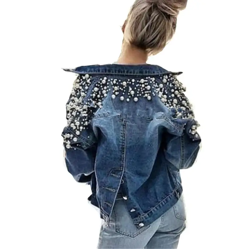 Tilbud Casual kort denim jakke kvinder efterår forår 2021 lange ærmer jeans jakke koreansk mode perler joker tilbage single breasted \ Jakker & Frakker > Bidsted.dk