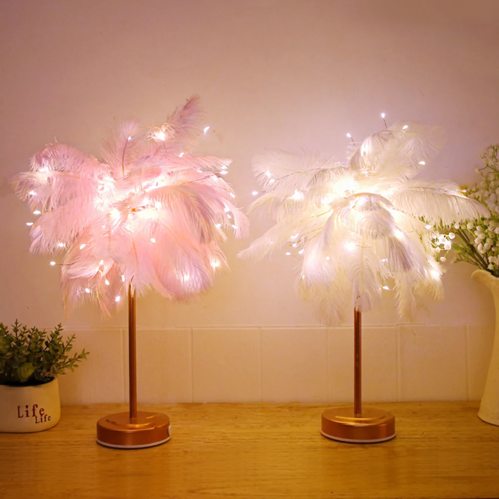 Tilbud Fjernbetjeningen fjer bordlampe usb/aa-batteri varmt lys, træ, fjer lampeskærm bryllup hjem indretning \ LED-Lamper >