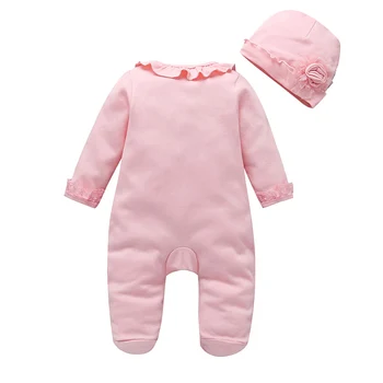 0-9M Nyfødte Baby Piger Langærmet ensfarvet Bow Lace Fod Wrap Med Hat Foråret Buksedragt