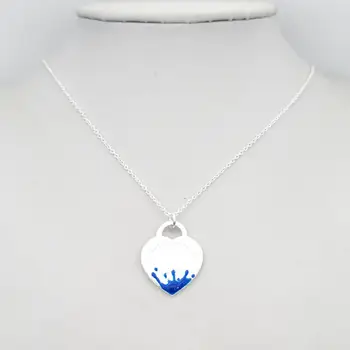 1: 1 sterling sølv 925 classic fashion exclusive blå emalje vand blomst hjerte charme damer halskæde
