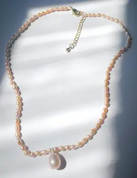 1.8x3mm lyse pink ris pearl choker halskæde guld lås naturlige Ferskvands PERLE Kvinder Smykker 17