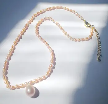 1.8x3mm lyse pink ris pearl choker halskæde guld lås naturlige Ferskvands PERLE Kvinder Smykker 17