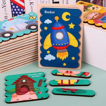 1 PC Dobbelt-sidet 3D Puslespil Tegneserie-Striben Træ-Kreative Baby Legetøj Fortælle Historier Stabling Puslespil Montessori Legetøj for Børn