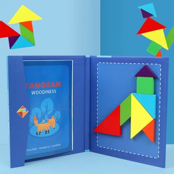 1 sæt Montessori Magnetiske Tangram Puslespil Stimuleret Træ-Puslespil Puslespil med Book Tidlig Læring Gave til Børn Buksetrold