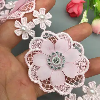 1 værftet 4cm Pearl Beaded Diamant Sun Flower Broderede Blonder Trim Bånd Applique DIY-Manual, sytilbehør Håndværk Dekoration
