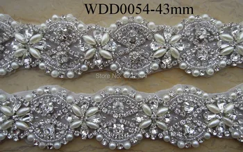 (10 M) Engros brude håndlavet beaded syning sølv krystal rhinestone applikationer pearl trim til bryllup kjole ramme WDD0054