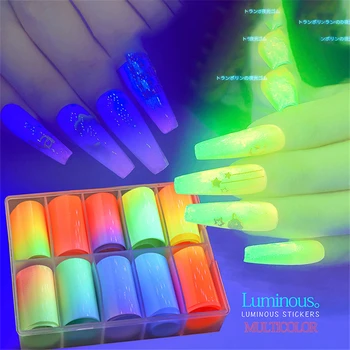 10 Ruller Negle Folier Nail Art Overførsel Klistermærker Skyder Fluorescerende Lys Nail Art Decal Manicure Design Tip Dekoration