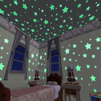 100pcs Lysende Wall Sticker, Glød I Mørke Stjerner Tapet Fluorescerende Decals Til Børn, Baby Værelse Soveværelse Loft Home Decor