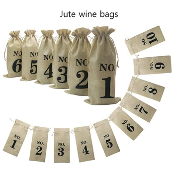 10stk Jute Wine Tasker, 14 x 6 1/4 Tommer Hessian Nummereret Flaske Vin Gave Poser med Snøre for Blinde Vinsmagning (Brun)