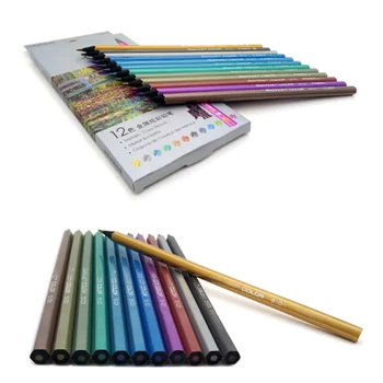 12 Farver Metallic Farvede Blyanter Sæt Metal Crayon Maleri Tegning Papirvarer Pre-Skærpet Ikke-Giftige Skitsering Blyanter