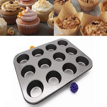 12 Kop Carbon Stål Muffin Cupcake Bradepande, Non Stick Opvaskemaskine Mikrobølgeovn Kage Forme Runde Kiks Pan Skuffe