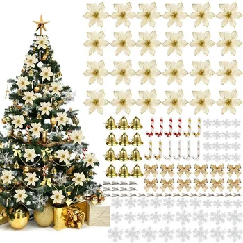 120Pcs Guld, juletræspynt Sæt med Jul Glitter Hængende Klokker for Xmas Dekorationer, Kranse