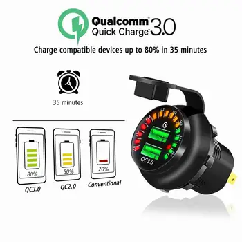 12V QC3.0 Hurtig Oplader Stik USB 3.0 Bil Vandtæt Oplader til Hurtig Opladning Farverige Voltmeter For Marine, Båd, Motorcykel, Lastbil