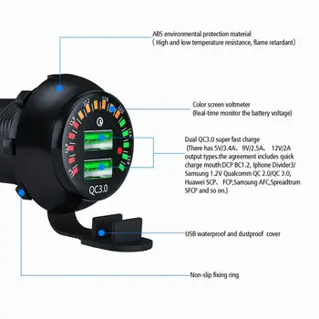 12V QC3.0 Hurtig Oplader Stik USB 3.0 Bil Vandtæt Oplader til Hurtig Opladning Farverige Voltmeter For Marine, Båd, Motorcykel, Lastbil