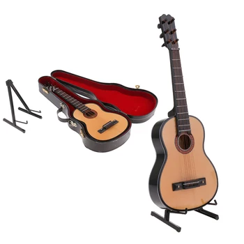 13cm Træ-Guitar Model med Stativ musikinstrumenter og Indretning for Action Figurer, 12 tommer Dukker Tilbehør