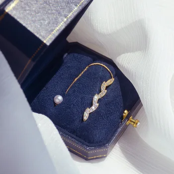 14K Guld Udsøgt Mikro-indlagt Zircon Blad Perle Bageste Hængende Type Stud Øreringe til Kvinder Cubic Zircon ZC Øreringe