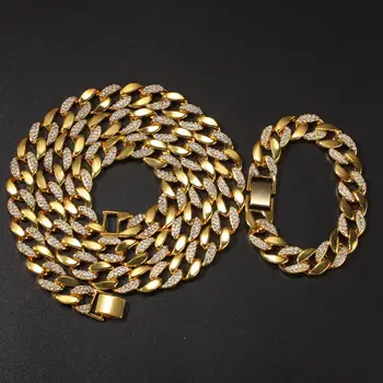 15mm bred Guld Farve Halv Rhinestones Banet Runde Cubanske Halskæde-Armbånd-Set Mænd Hip Hop Bling Iced Out Kæde Smykker