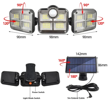 171 COB Sol LED-Lys-Udendørs 3 Hoved Motion Sensor 270 Bred Vinkel, Belysning Vandtæt Lys Væg lampe til Haven Garage