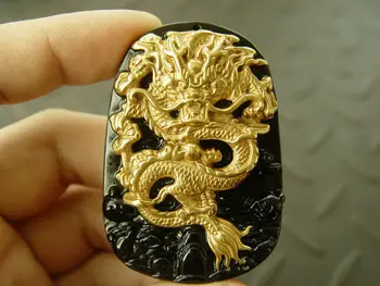 18K Gul Guld Indlæg Natural Obsidian Black Jade Vedhæng Kinesiske Drage