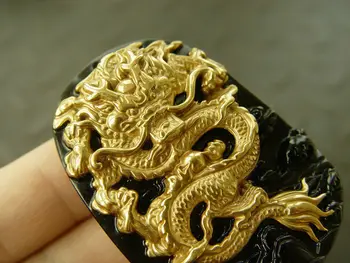 18K Gul Guld Indlæg Natural Obsidian Black Jade Vedhæng Kinesiske Drage