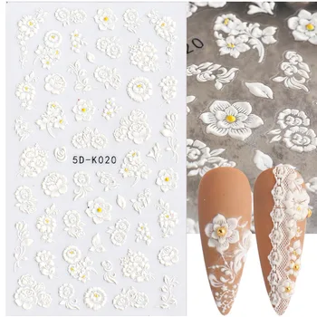 1sheet Hvide Præget Blomst Blonder 5d Mærkat Mærkat Bryllup Søm Kunst Design Blomster Butterfly Japansk Manicure, Udsmykning