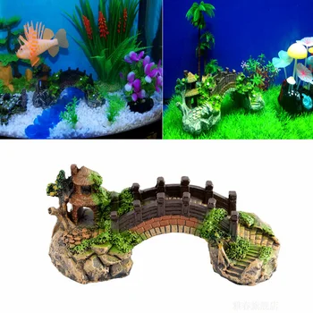 1STK kæledyr skildpadde, akvarium dekoration fisk tank ornamenter Pavilion træ harpiks retro arch bro, trapper, planter landskabspleje forsyninger