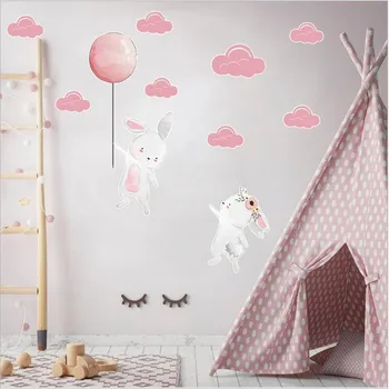 1STK Nye Lyserøde Sky Bunny Ballon Selvklæbende Wall Stickers Til Pige Soveværelse Ins Graffiti Tegnefilm Dyr Stickers47*36.5 CM