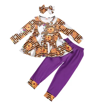 2-6 År Piger Halloween Tre-stykke Tøj Sæt Trykt Mønster med Lange Ærmer Pullover Bukser og Hovedbeklædning Tøj Sæt