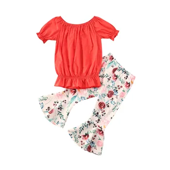 2-7Y Sommeren Spædbarn Baby Piger Tøj Sæt Flæser Ærme Solid T-Shirts, Toppe + Blomster Print Flare Pants Sæt Tøj