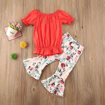 2-7Y Sommeren Spædbarn Baby Piger Tøj Sæt Flæser Ærme Solid T-Shirts, Toppe + Blomster Print Flare Pants Sæt Tøj