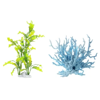 2 Stk Akvarium Tilbehør: 1 Stk 15.7 Tommers Højde Plast Grønne Planter & 1 Stk Lyseblå Kunstige Plastik Coral