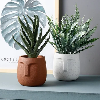 2 Stk Menneskelige Ansigt Keramik Potte Plante Potten Grønne Bonsai Boligindretning Hjem Offentlig Indretning, Lys Grå & Hvid