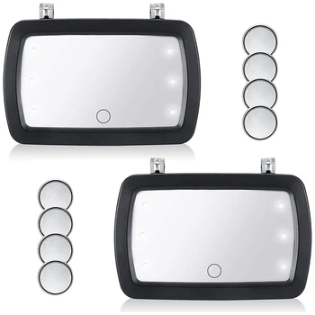 2 Sæt Bil Spejl solskærm, Makeup Solafskærmning makeup-Spejl med LED Lys,Spejl med 8 Stykker Knap Batteri