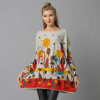 2019 Fall Winter Oversize Sweater Dress Kvinder Varm Pullover Lang Afslappet Kat Print Batwing Ærme sueter mujer invierno AA114S50