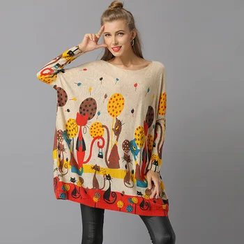 2019 Fall Winter Oversize Sweater Dress Kvinder Varm Pullover Lang Afslappet Kat Print Batwing Ærme sueter mujer invierno AA114S50