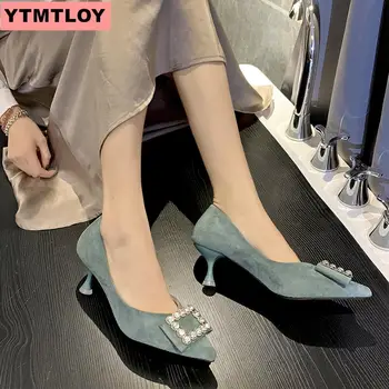 2019 forår og efterår nye damer firkantet hoved højhælede sko ruskind stilethæl sexy høje hæle damer højhælede spidse sko