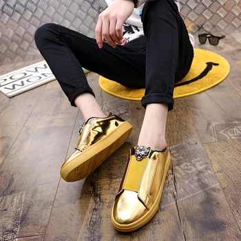2019 Mode Mænd Guld Glitter Sneakers Bling Platform Lejligheder Sko Man Glossy Sølv Blå Punk Kvalitet Solid Vulkaniseret Sko