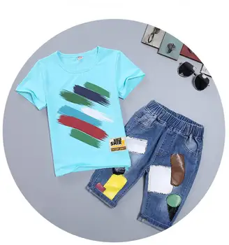 2019 Sommer, Drenge Tøj, Sport Passer Indstille Mode Afslappet Korte Ærmer O-hals børnetøj Sæt 2 stk T-Shirt + Jeans
