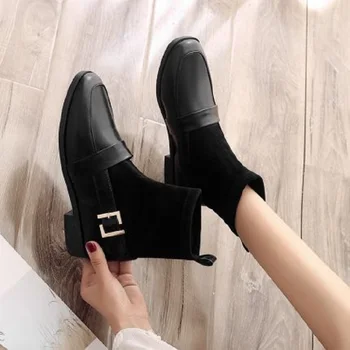 2019 vinter nye kvinder casual korte støvler vilde komfortabel elastisk spænde kort rør tyk hæl kvinders støvler koreanske version