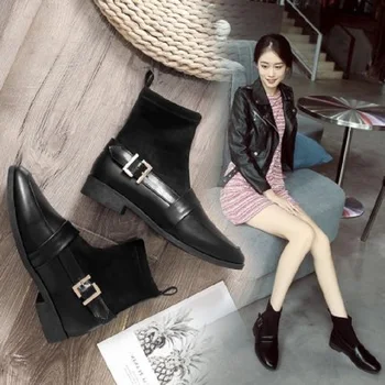 2019 vinter nye kvinder casual korte støvler vilde komfortabel elastisk spænde kort rør tyk hæl kvinders støvler koreanske version