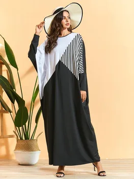 2020 Efteråret Abayas Muslimske Kjole Løs Dubai Abaya Stribe Farve Blok Flagermus Ærme Kaftan Islamiske Arabiske Kvinder Kjoler Vestidos Sort