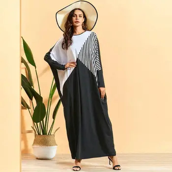 2020 Efteråret Abayas Muslimske Kjole Løs Dubai Abaya Stribe Farve Blok Flagermus Ærme Kaftan Islamiske Arabiske Kvinder Kjoler Vestidos Sort