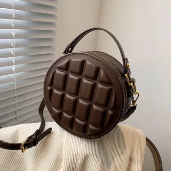 2020 Kvinders Mode Chokolade Kiks Læder Runde Designer Messenger Taske PU Læder skuldertaske Damer Mini Lille Håndtaske